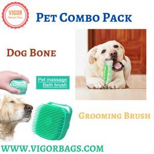Dog Squeaky Bone Stick Toy Chew Toothbrush & Grooming Brush